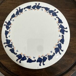 Vintage Blue Ribbon Country Geese Lidded Dish - Round White Ceramic